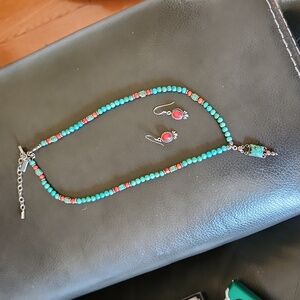 Designer genuine sterling silver and turquoise, coral necklace and earring set.